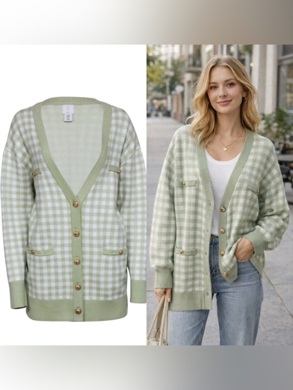 Joies Light Green Gingham V-Neck Cardigan Sweater